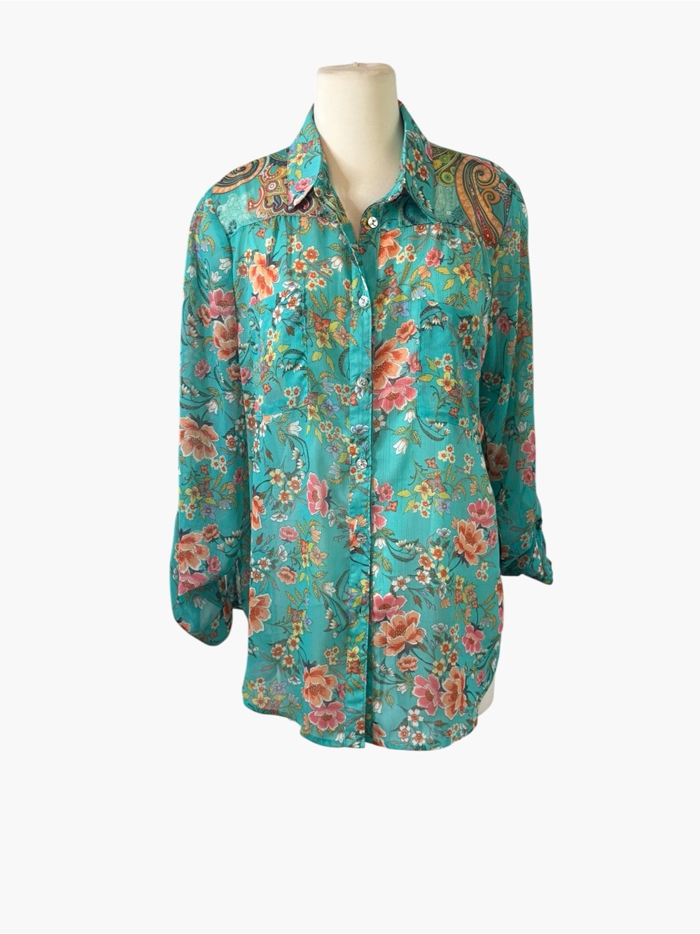 Figueroa & Flower Floral Print Turquoise Button-Up Blouse